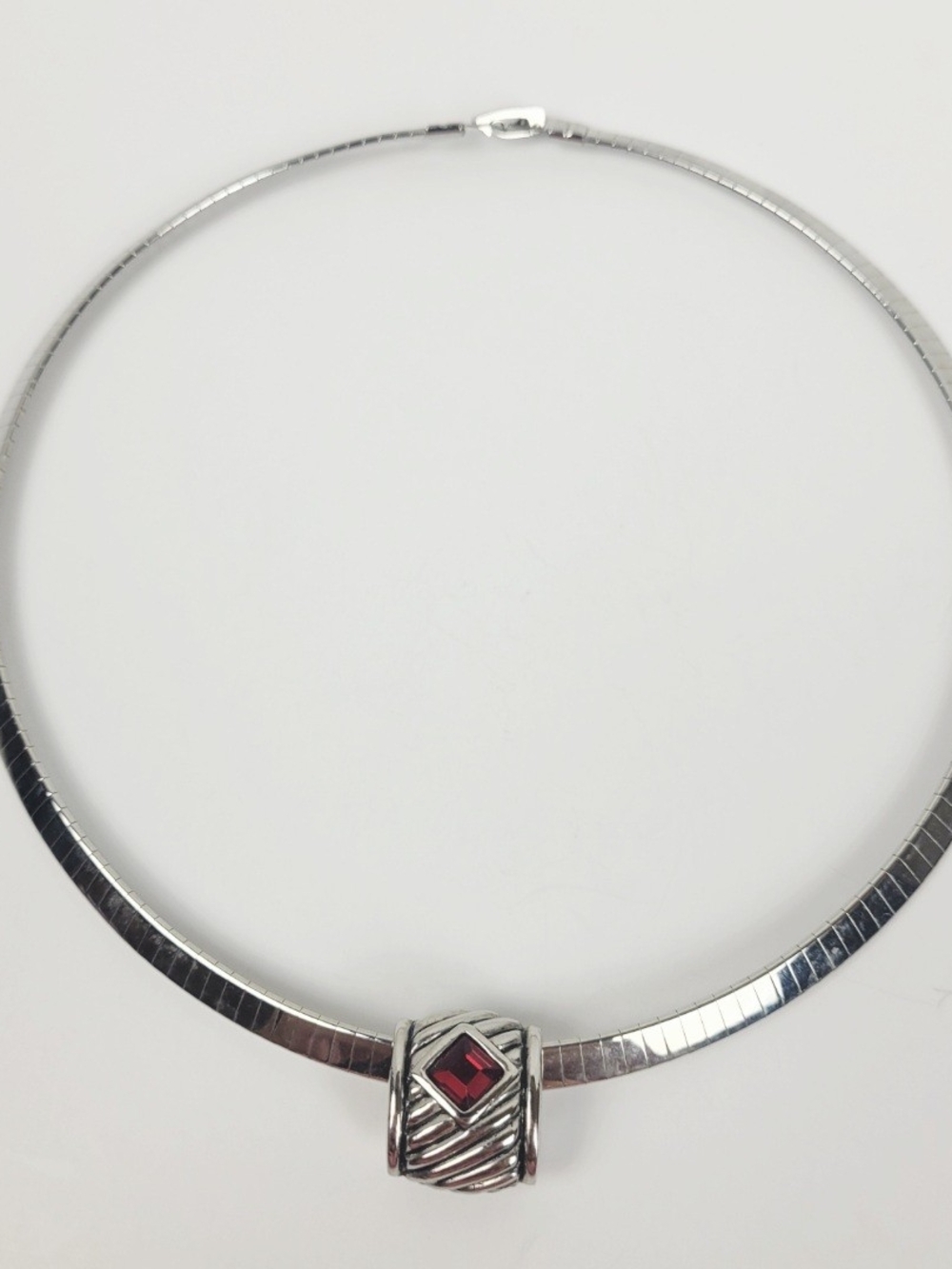 Vintage~Omega Choker Chain Collar Necklace~Red Rhinestone Slider Pendant~5.5"